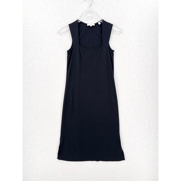 VINCE Sleeveless Midi Faux Wrap Dress Womens XXS Black Square Neck Cotton - Picture 2 of 13